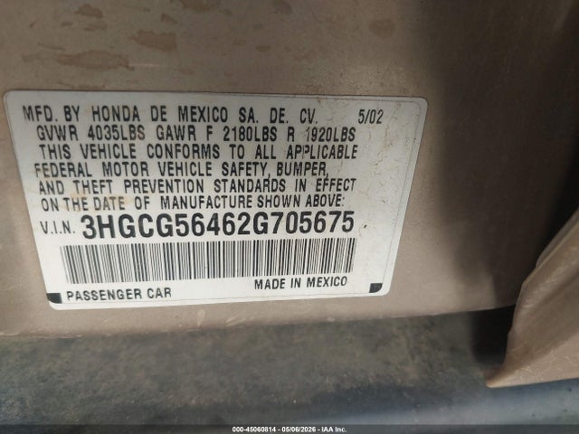 Продаж на аукціоні авто 2002 Honda Accord 2.3 Lx, vin: 3HGCG56462G705675, номер лоту: 45060814
