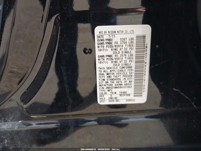 Продаж на аукціоні авто 2011 Nissan Murano Sl, vin: JN8AZ1MW8BW181660, номер лоту: 45060816