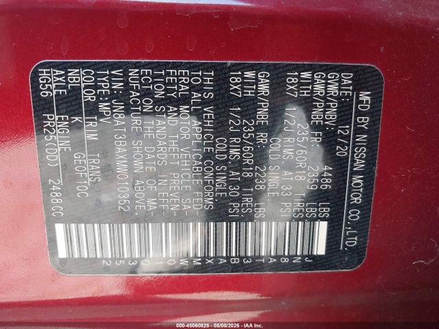 Aukcja sprzedaży 2021 Nissan Rogue Sv Fwd, vin: JN8AT3BAXMW010352, numer aukcji: 45060825