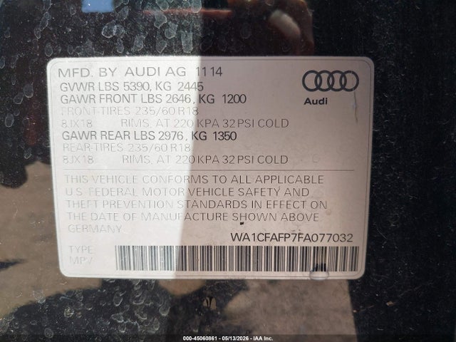 2015 Audi Q5 2.0t Premium მანქანა იყიდება აუქციონზე, vin: WA1CFAFP7FA077032, აუქციონის ნომერი: 45060861