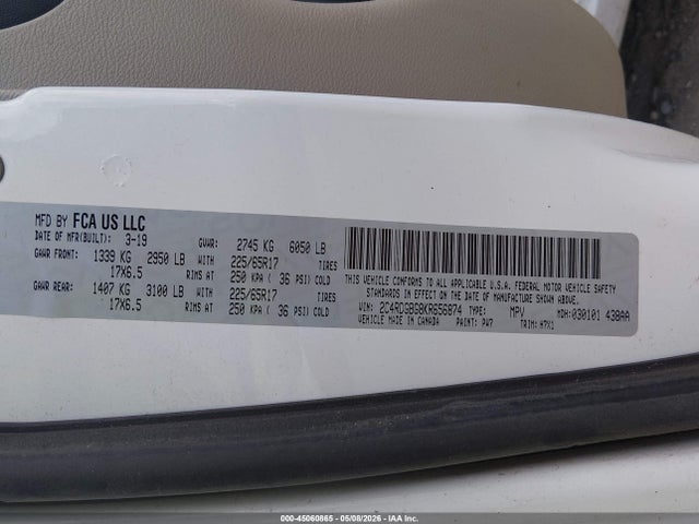 Aukcja sprzedaży 2019 Dodge Grand Caravan Se, vin: 2C4RDGBG8KR656874, numer aukcji: 45060865