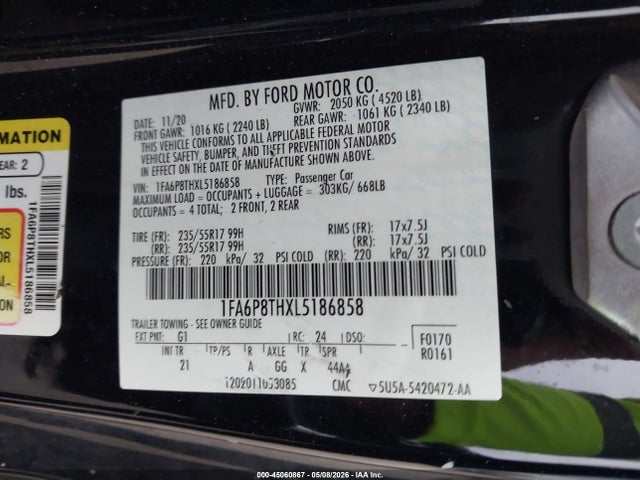 Aukcja sprzedaży 2020 Ford Mustang Ecoboost Fastback, vin: 1FA6P8THXL5186858, numer aukcji: 45060867