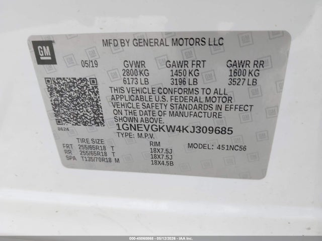 Продажа на аукционе авто 2019 Chevrolet Traverse 1lt, vin: 1GNEVGKW4KJ309685, номер лота: 45060868