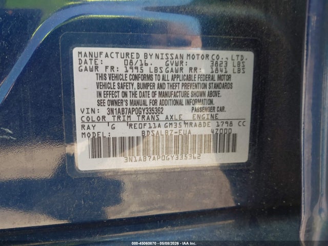 Продаж на аукціоні авто 2016 Nissan Sentra S, vin: 3N1AB7AP0GY335362, номер лоту: 45060870