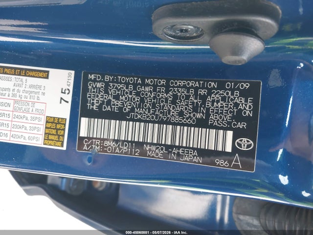 45060881 :رقم المزاد ، JTDKB20U797885660 vin ، 2009 Toyota Prius مزاد بيع