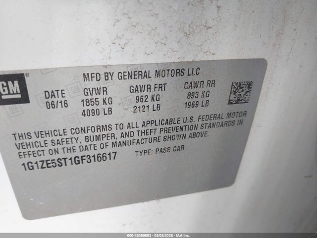 45060883 :رقم المزاد ، 1G1ZE5ST1GF316617 vin ، 2016 Chevrolet Malibu 1lt مزاد بيع