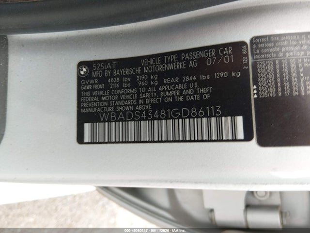 45060887 :رقم المزاد ، WBADS43481GD86113 vin ، 2001 Bmw 525ia مزاد بيع
