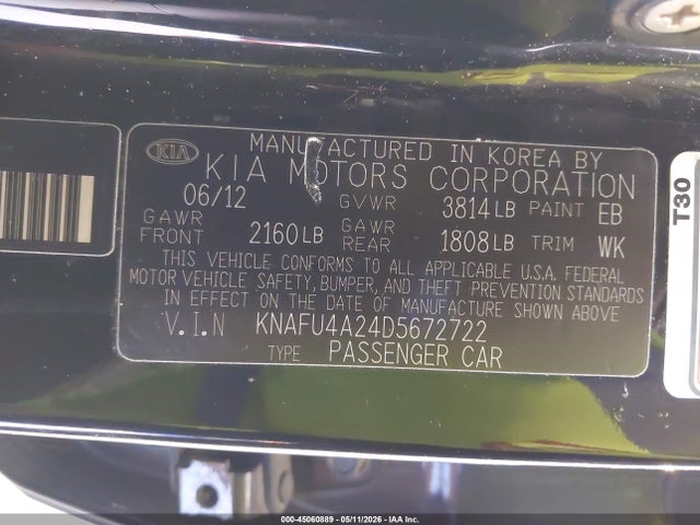 2013 Kia Forte Ex მანქანა იყიდება აუქციონზე, vin: KNAFU4A24D5672722, აუქციონის ნომერი: 45060889