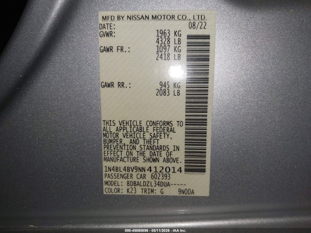 Продаж на аукціоні авто 2022 Nissan Altima S Fwd, vin: 1N4BL4BV9NN412014, номер лоту: 45060896