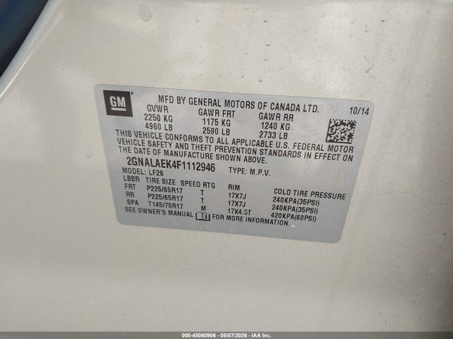 Aukcja sprzedaży 2015 Chevrolet Equinox Ls, vin: 2GNALAEK4F1112946, numer aukcji: 45060906
