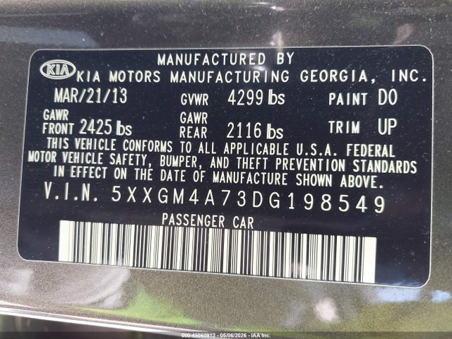 2013 Kia Optima Lx მანქანა იყიდება აუქციონზე, vin: 5XXGM4A73DG198549, აუქციონის ნომერი: 45060912