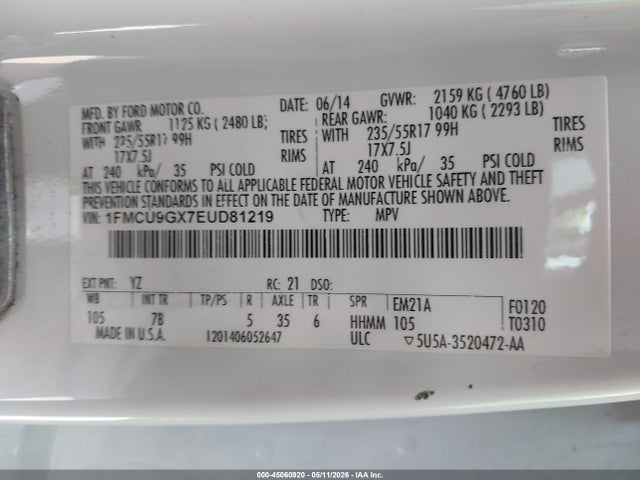 Продаж на аукціоні авто 2014 Ford Escape Se, vin: 1FMCU9GX7EUD81219, номер лоту: 45060920