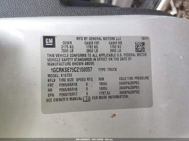 45060922 :رقم المزاد ، 1GCRKSE75CZ150057 vin ، 2012 Chevrolet Silverado 1500 Lt مزاد بيع