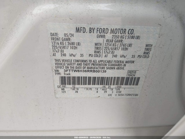 2024 Ford Maverick Xlt მანქანა იყიდება აუქციონზე, vin: 3FTTW8H36RRB00139, აუქციონის ნომერი: 45060930