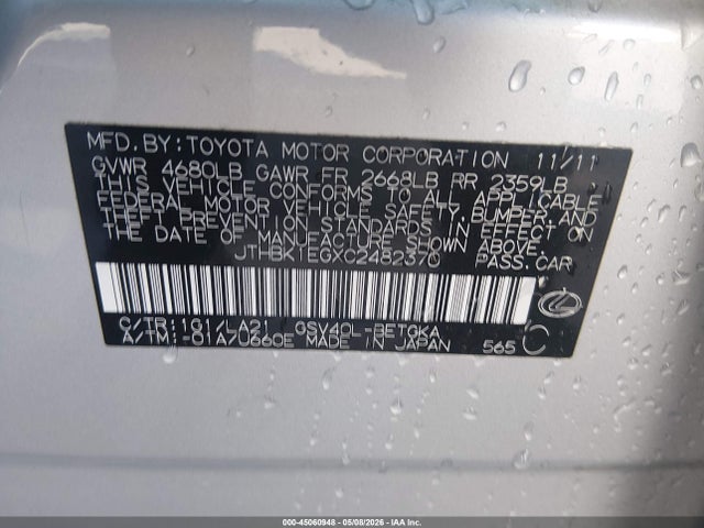 Aukcja sprzedaży 2012 Lexus Es 350, vin: JTHBK1EGXC2482370, numer aukcji: 45060948