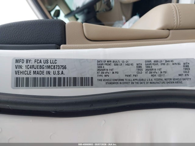 Продаж на аукціоні авто 2021 Jeep Grand Cherokee Limited 4x2, vin: 1C4RJEBG1MC873756, номер лоту: 45060953
