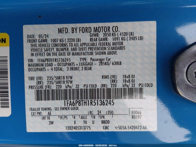 Aukcja sprzedaży 2024 Ford Mustang Ecoboost Premium Fastback, vin: 1FA6P8TH1R5136245, numer aukcji: 45060956