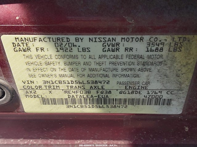 45060974 :رقم المزاد ، 3N1CB51D56L538472 vin ، 2006 Nissan Sentra 1.8s مزاد بيع