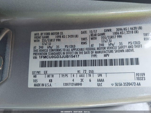45060979 :رقم المزاد ، 1FMCU0GD3JUB15417 vin ، 2018 Ford Escape Se مزاد بيع