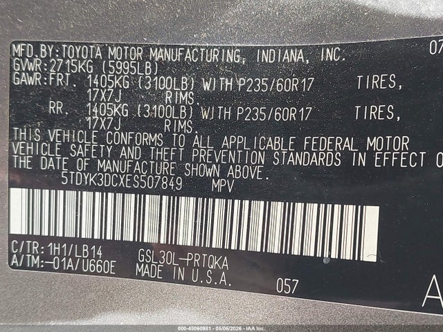 45060981 :رقم المزاد ، 5TDYK3DCXES507849 vin ، 2014 Toyota Sienna Xle V6 8 Passenger مزاد بيع