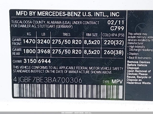 Aukcja sprzedaży 2011 Mercedes-benz Gl 450 4matic, vin: 4JGBF7BE3BA700306, numer aukcji: 45060997