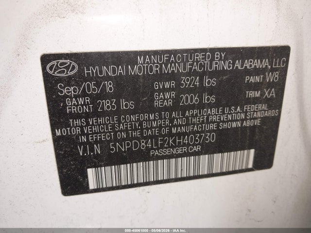 Aukcja sprzedaży 2019 Hyundai Elantra Value Edition, vin: 5NPD84LF2KH403730, numer aukcji: 45061000