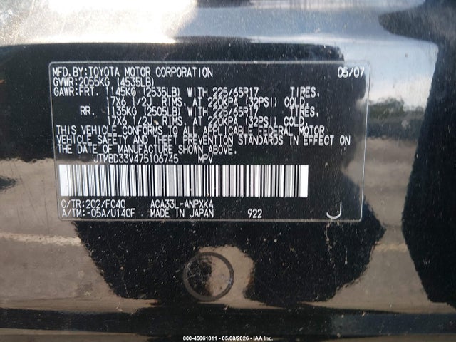 45061011 :رقم المزاد ، JTMBD33V475106745 vin ، 2007 Toyota Rav4 مزاد بيع