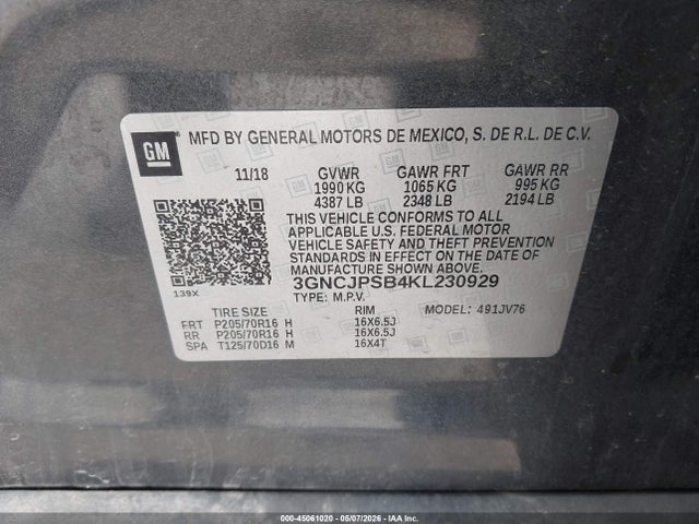45061020 :رقم المزاد ، 3GNCJPSB4KL230929 vin ، 2019 Chevrolet Trax Lt مزاد بيع