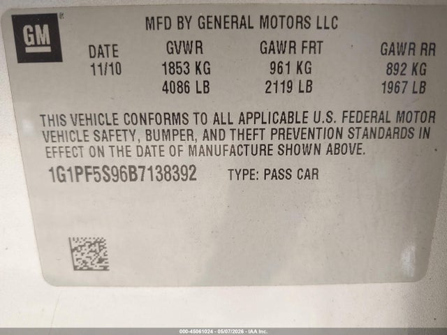 Продажа на аукционе авто 2011 Chevrolet Cruze 1lt, vin: 1G1PF5S96B7138392, номер лота: 45061024
