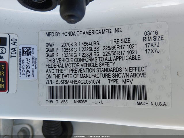 45061027 :رقم المزاد ، 5J6RM4H5XGL051074 vin ، 2016 Honda Cr-v Ex مزاد بيع