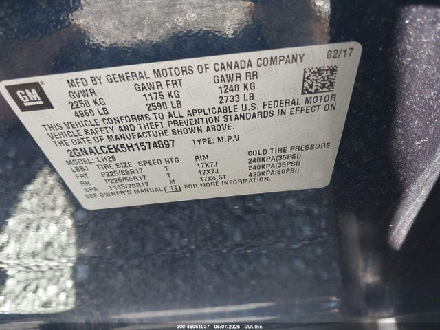 45061037 :رقم المزاد ، 2GNALCEK5H1574897 vin ، 2017 Chevrolet Equinox Lt مزاد بيع