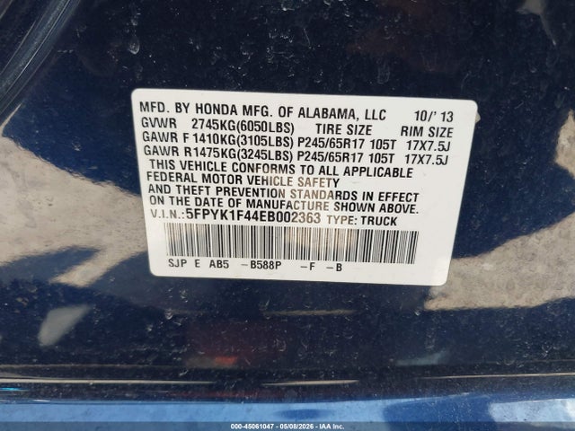 Продаж на аукціоні авто 2014 Honda Ridgeline Rts, vin: 5FPYK1F44EB002363, номер лоту: 45061047