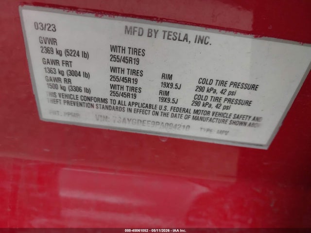 Auction sale of the 2023 Tesla Model Y Awd/long Range Dual Motor All-wheel Drive, vin: 7SAYGDEE9PA094210, lot number: 45061052