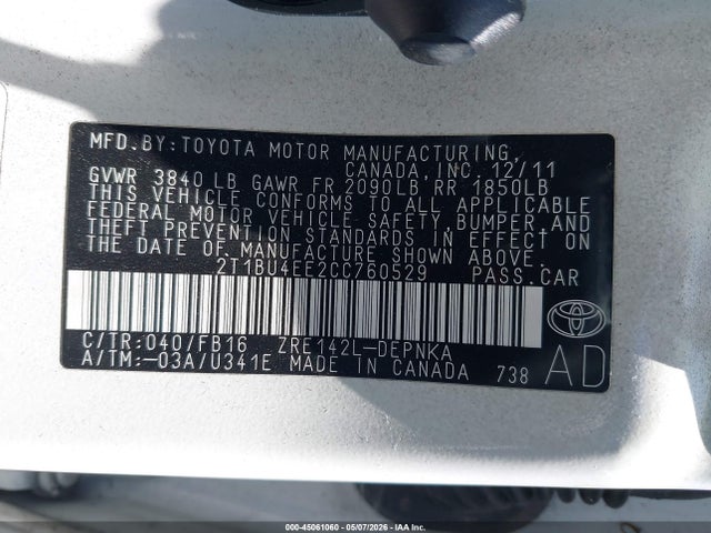 Aukcja sprzedaży 2012 Toyota Corolla Le, vin: 2T1BU4EE2CC760529, numer aukcji: 45061060