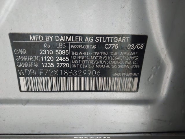 45061070 :رقم المزاد ، WDBUF72X18B329906 vin ، 2008 Mercedes-benz E 550 مزاد بيع