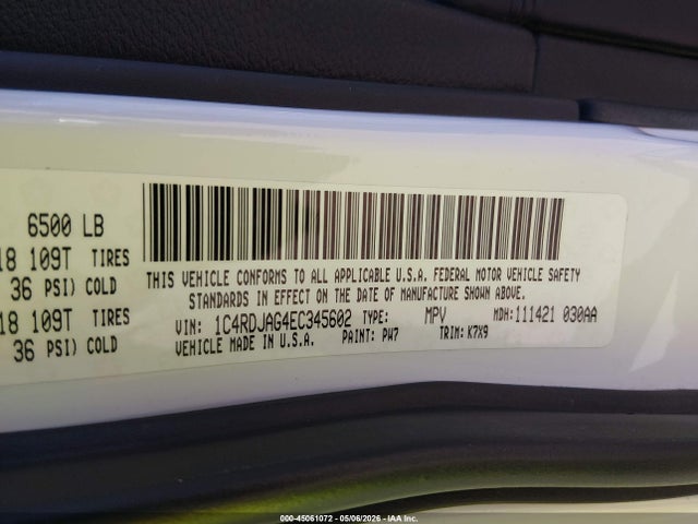 45061072 :رقم المزاد ، 1C4RDJAG4EC345602 vin ، 2014 Dodge Durango Sxt مزاد بيع