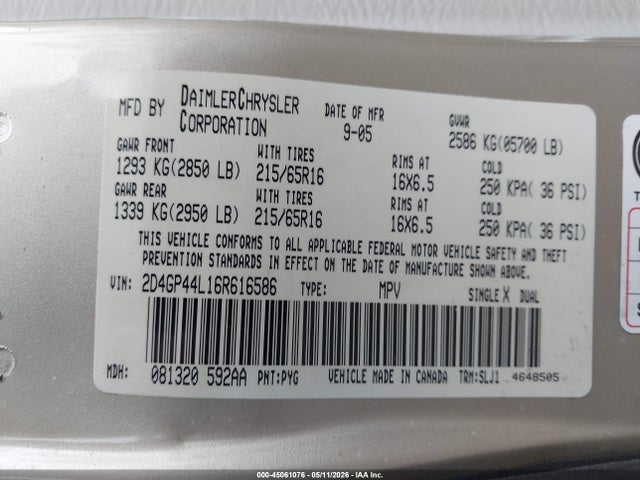 2006 Dodge Grand Caravan Sxt მანქანა იყიდება აუქციონზე, vin: 2D4GP44L16R616586, აუქციონის ნომერი: 45061076