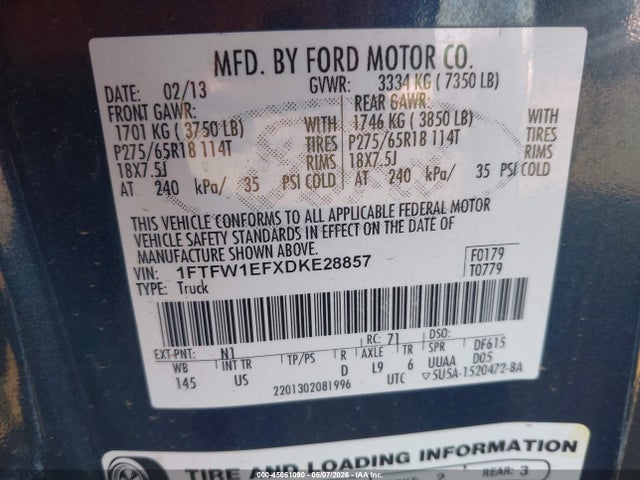 Продажа на аукционе авто 2013 Ford F-150 Xlt, vin: 1FTFW1EFXDKE28857, номер лота: 45061090