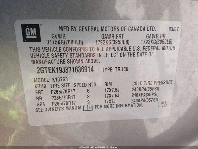 Aukcja sprzedaży 2007 Gmc Sierra 1500 Slt, vin: 2GTEK19J371636914, numer aukcji: 45061093