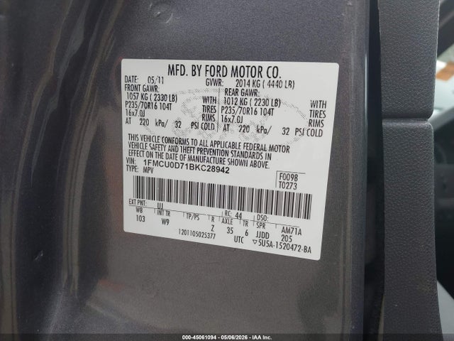 Продаж на аукціоні авто 2011 Ford Escape Xlt, vin: 1FMCU0D71BKC28942, номер лоту: 45061094