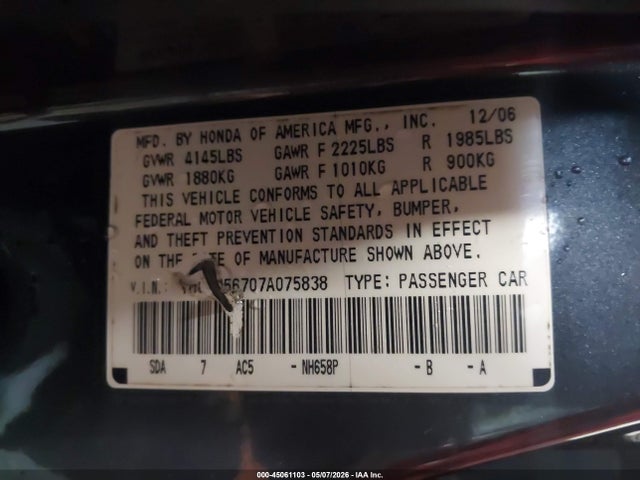 Auction sale of the 2007 Honda Accord 2.4 Ex, vin: 1HGCM56707A075838, lot number: 45061103