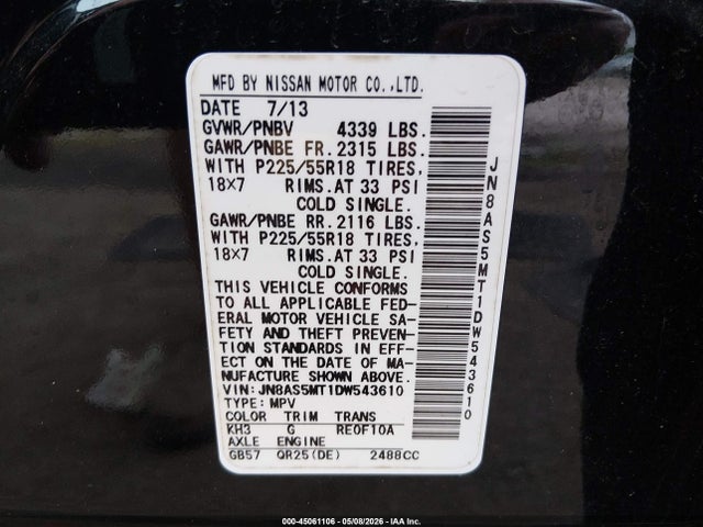 Aukcja sprzedaży 2013 Nissan Rogue Sv W/sl Pkg, vin: JN8AS5MT1DW543610, numer aukcji: 45061106