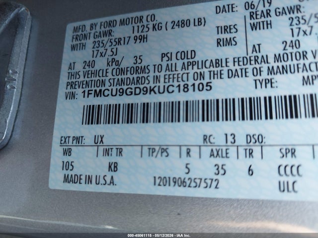 Продажа на аукционе авто 2019 Ford Escape Se, vin: 1FMCU9GD9KUC18105, номер лота: 45061115