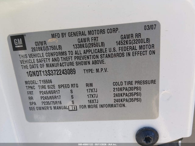 45061122 :رقم المزاد ، 1GNDT13S372243089 vin ، 2007 Chevrolet Trailblazer Ls مزاد بيع