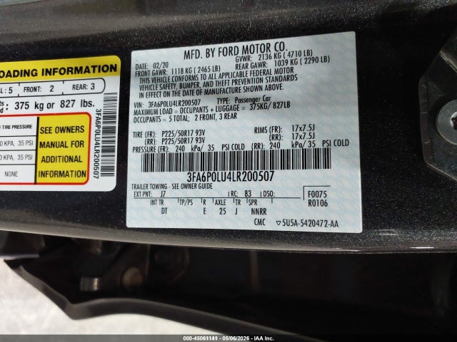 2020 Ford Fusion Hybrid Se მანქანა იყიდება აუქციონზე, vin: 3FA6P0LU4LR200507, აუქციონის ნომერი: 45061141