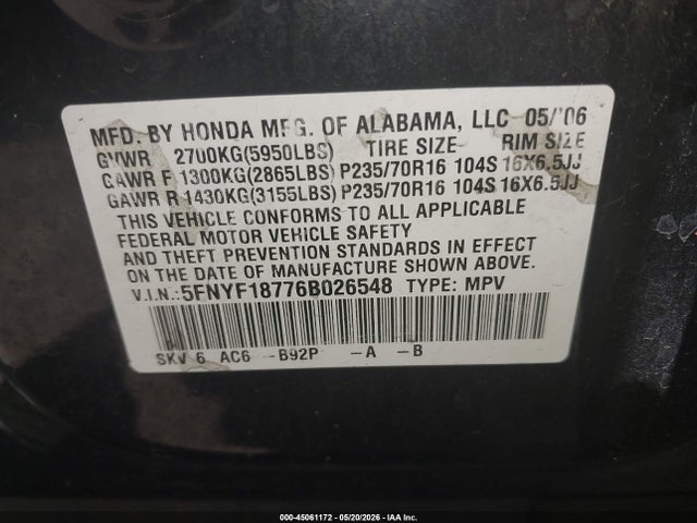 Aukcja sprzedaży 2006 Honda Pilot Ex-l, vin: 5FNYF18776B026548, numer aukcji: 45061172