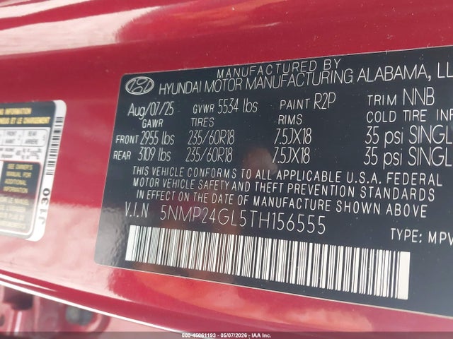 45061193 :رقم المزاد ، 5NMP24GL5TH156555 vin ، 2026 Hyundai Santa Fe Sel مزاد بيع