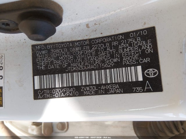 45061198 :رقم المزاد ، JTDKN3DU4A0115629 vin ، 2010 Toyota Prius Ii مزاد بيع