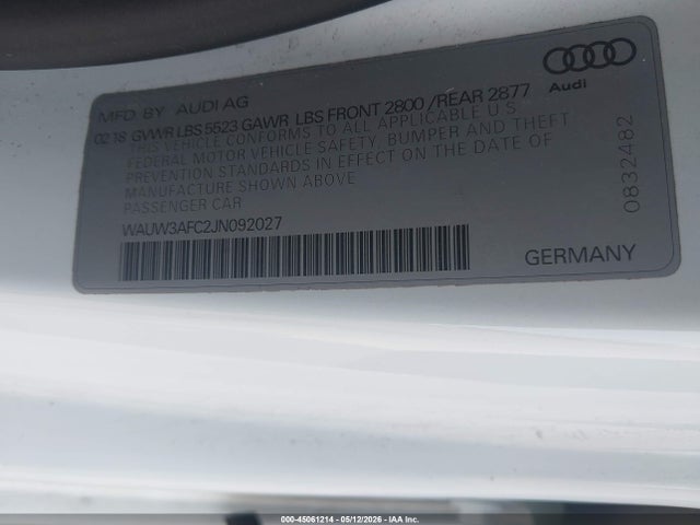 2018 Audi A7 3.0t Premium Plus მანქანა იყიდება აუქციონზე, vin: WAUW3AFC2JN092027, აუქციონის ნომერი: 45061214