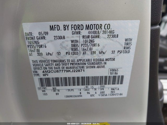 Продаж на аукціоні авто 2009 Mercury Mariner Premier, vin: 4M2CU87779KJ22871, номер лоту: 45061221